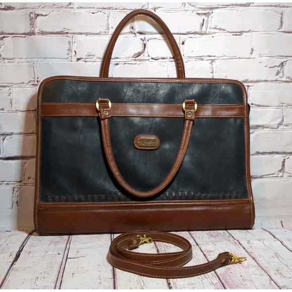 Vintage Handbags - Kathie Lee 1990s Vintage Briefcase Tote Bag Handbag Brown Cognac Leather